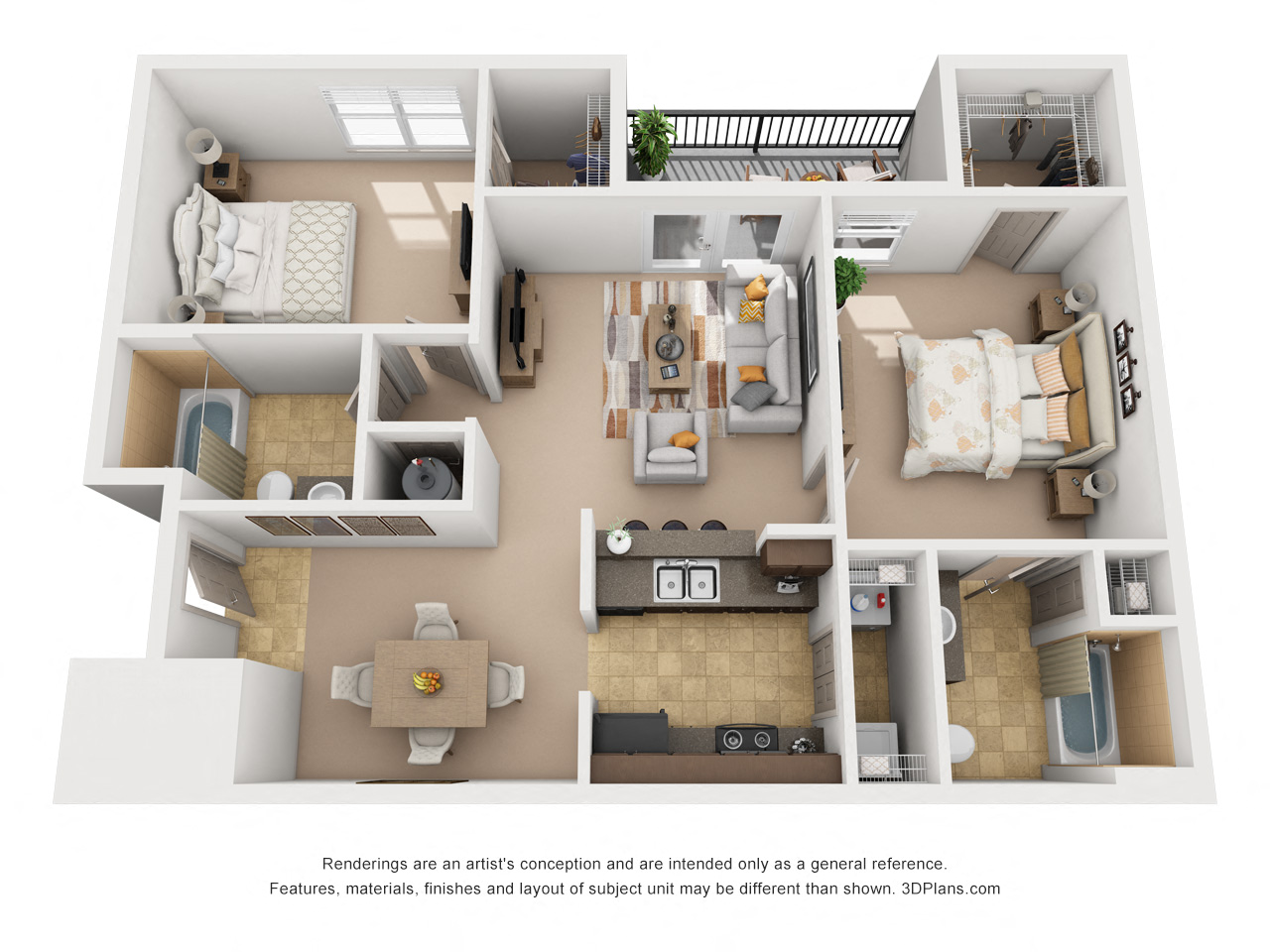 Floor plan for 2 beds, 2 baths, 979 sqft